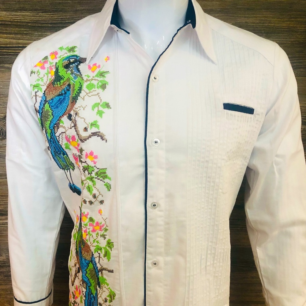 Presidential Mexican Guayabera Shirt Long Sleeve White Linen Toh Bird Embroidery